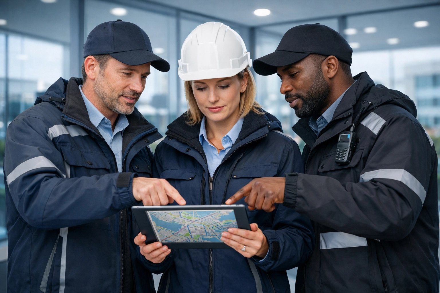 Professional management team discussing business operations on a tablet to demonstrate scalable systems for a sale.