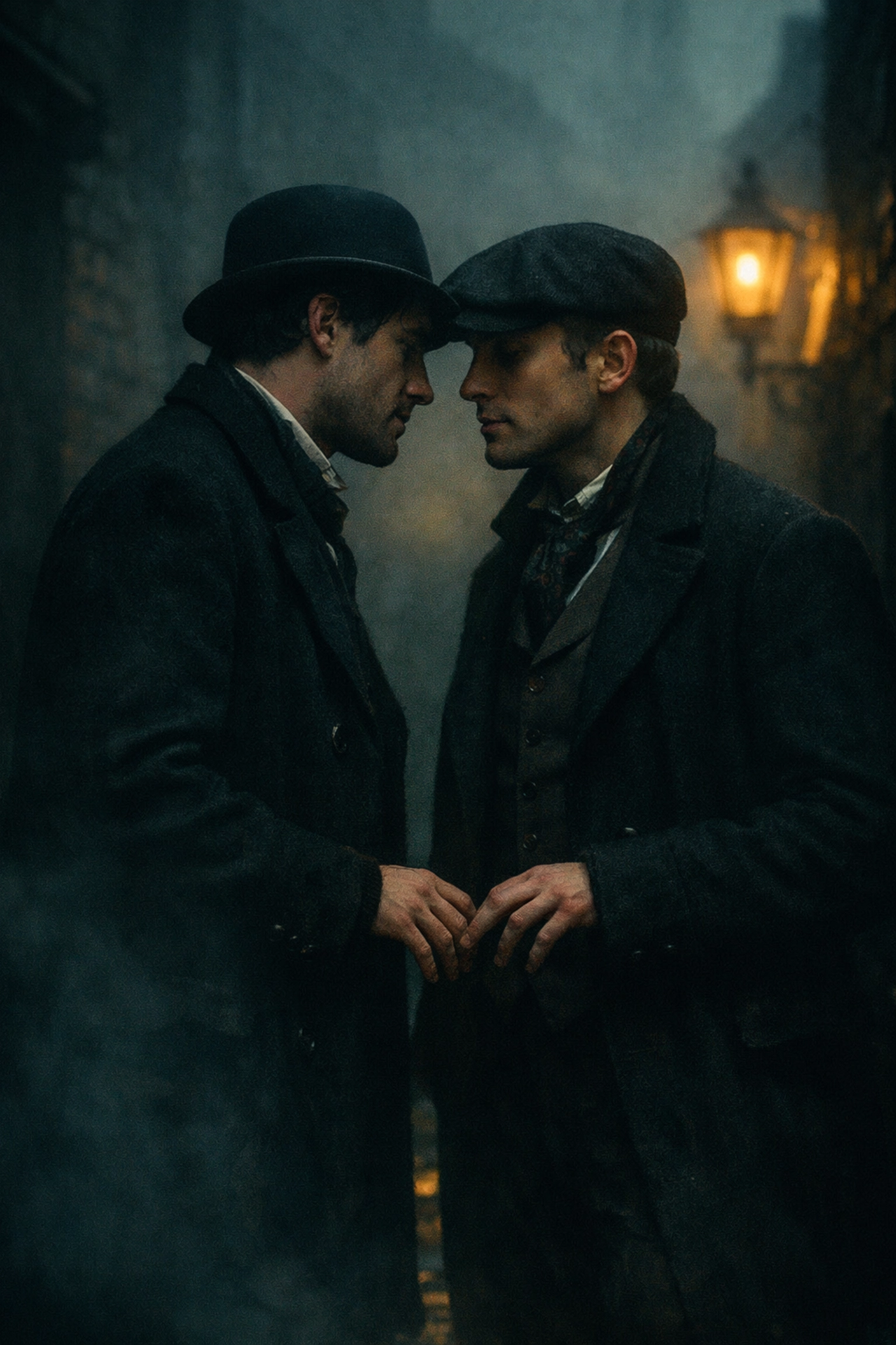 Gay historical romance scene in 19th-century Dublin with two men in a Victorian-era alleyway.