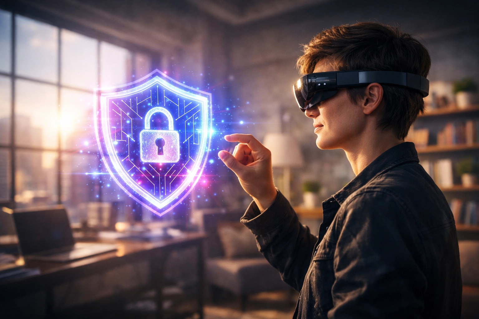 Modern shopper using an AR headset and gesture-based checkout for secure payments in the Larecoin Metaverse ecosystem.