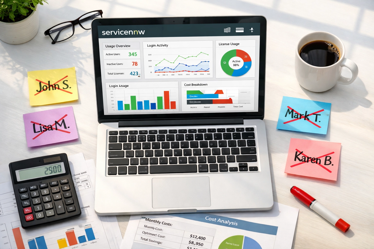ServiceNow dashboard displaying license usage analytics and optimization opportunities
