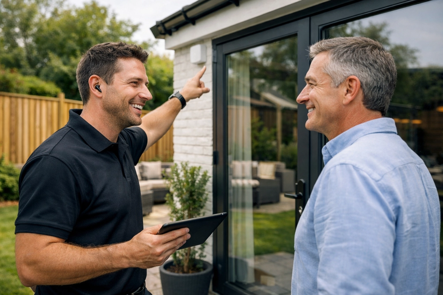 Professional security surveyor explaining smart alarm sensors to a homeowner during a free survey.