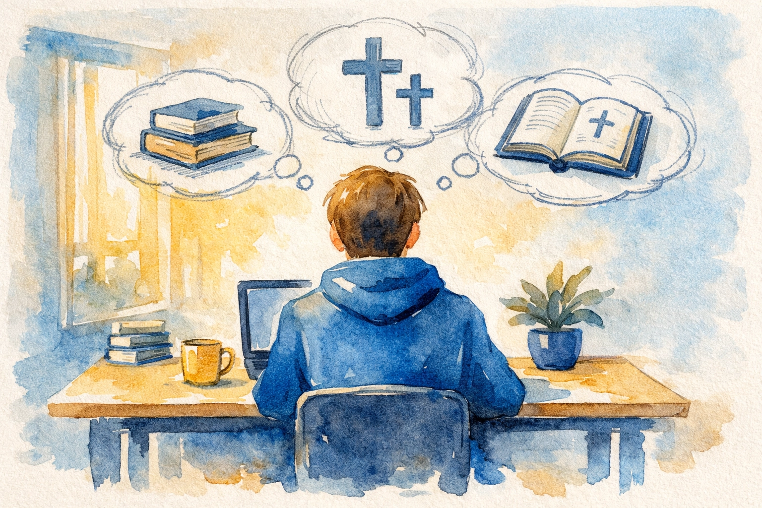 Person using laptop for Christian mentorship with Bible and faith-based learning resources