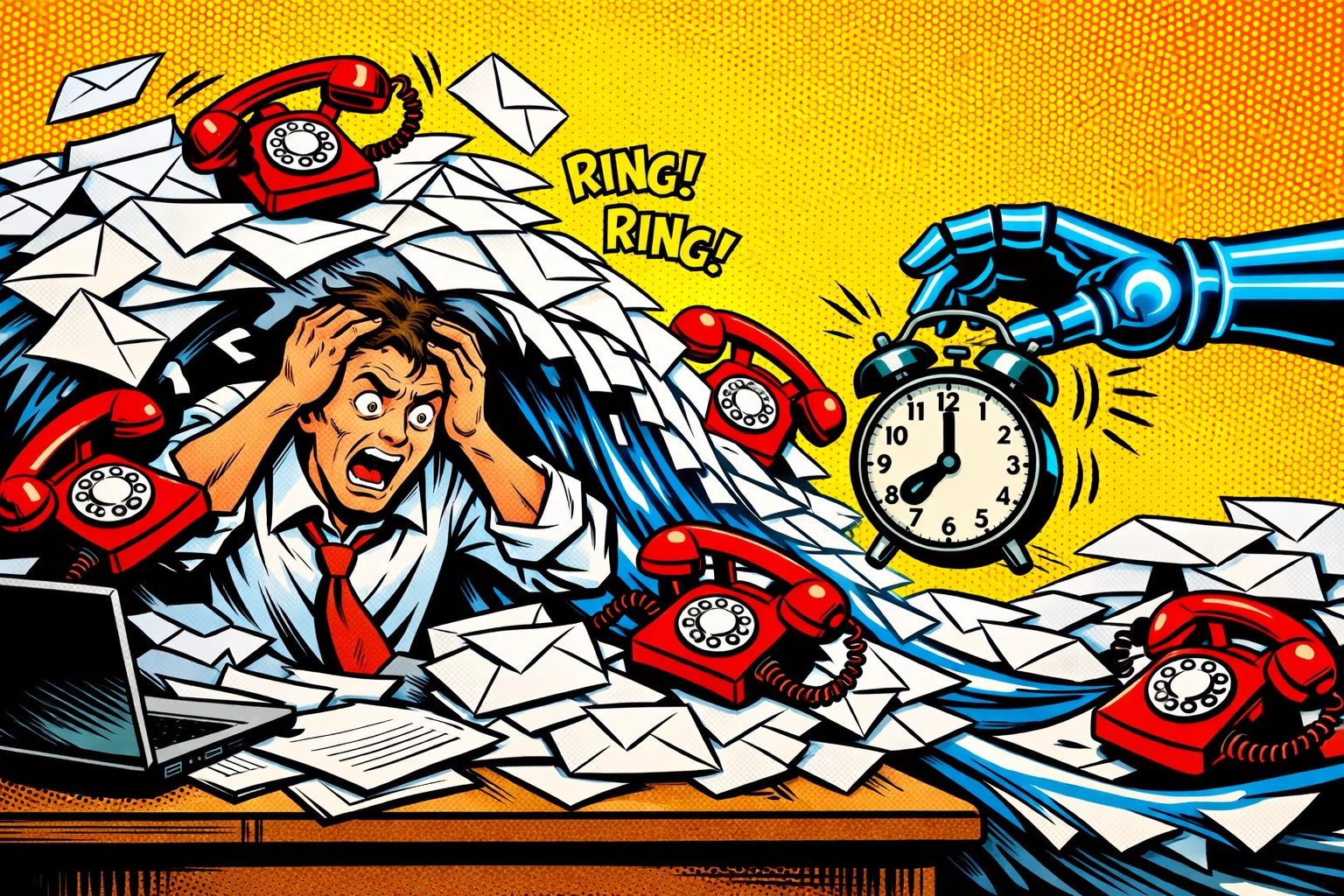 AI assistant helping a stressed business owner manage task chaos and email overload.