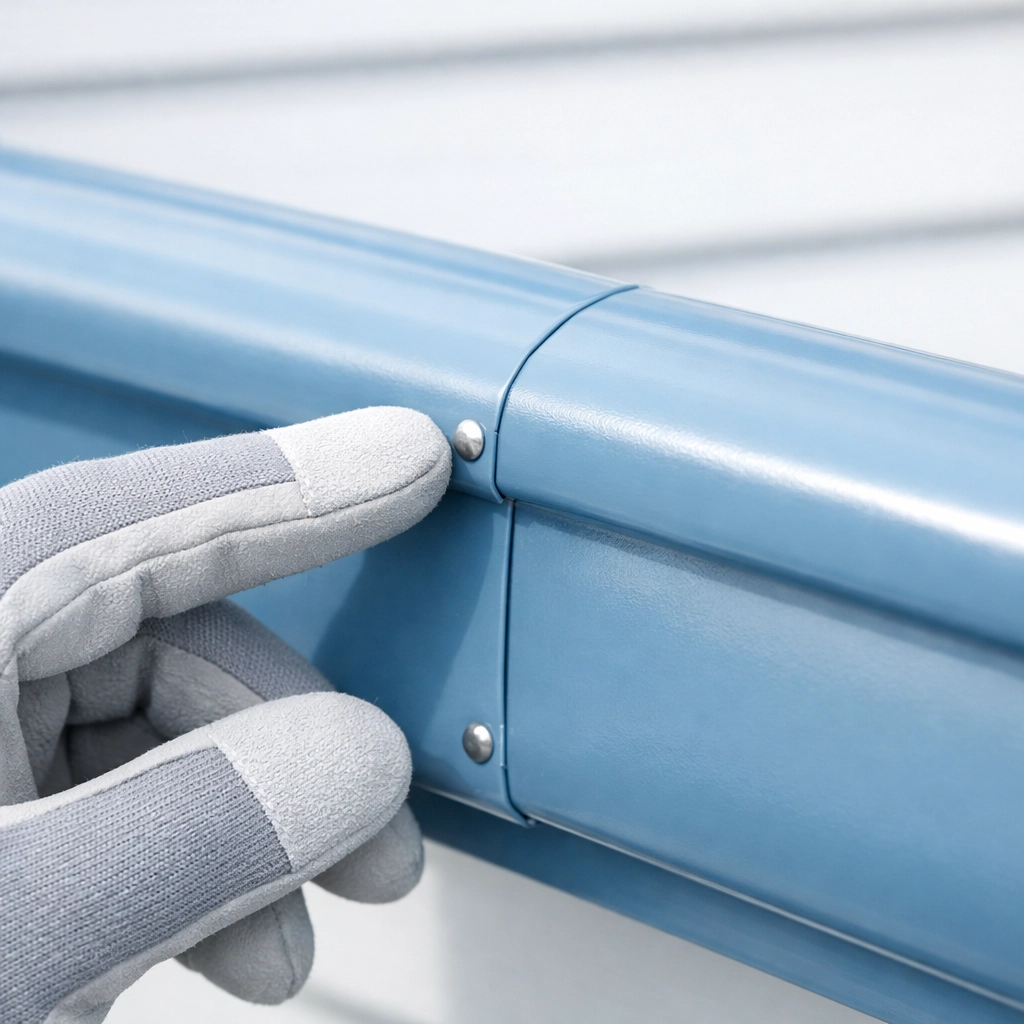 Professional roofer inspecting a durable Colorbond gutter joint for Northern Beaches coastal protection.