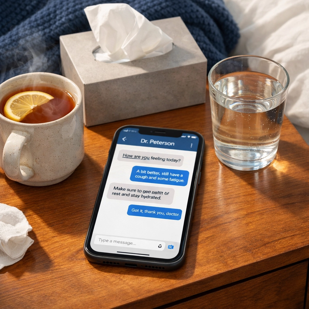 Secure medical messaging on a smartphone for flu relief while resting in bed with tea and tissues.