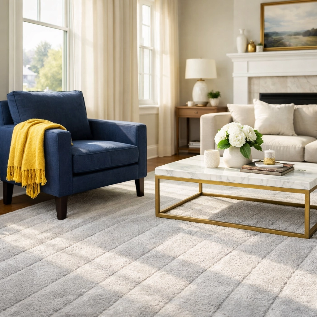 Organized living room with fresh vacuum lines showcasing house cleaning in Lowell MA.