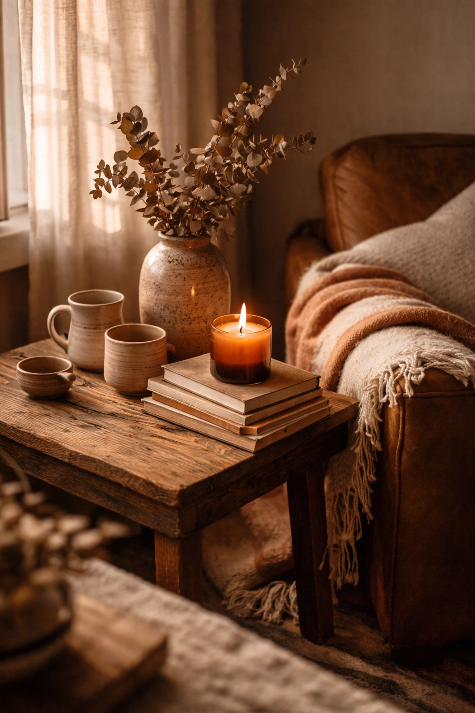 Cozy living room corner with handcrafted pottery, artisan candle, and vintage wood furniture for curated home decor inspiration