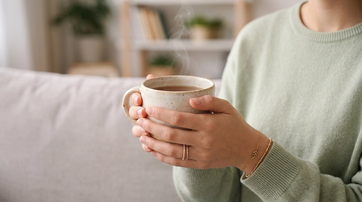 A close-up of hands in a soft sweater holding a warm mug, symbolizing the comfort and safety of receiving care from home.