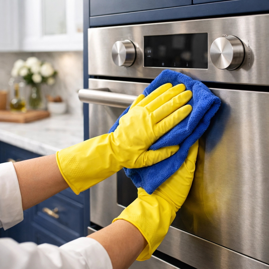 House cleaning services in Concord, MA sanitizing a luxury kitchen with professional microfiber cloths.
