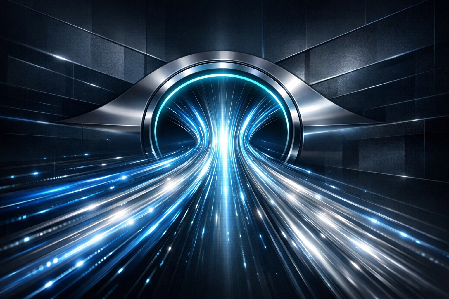 Abstract visualization of small business network bandwidth bottleneck and data flow congestion.