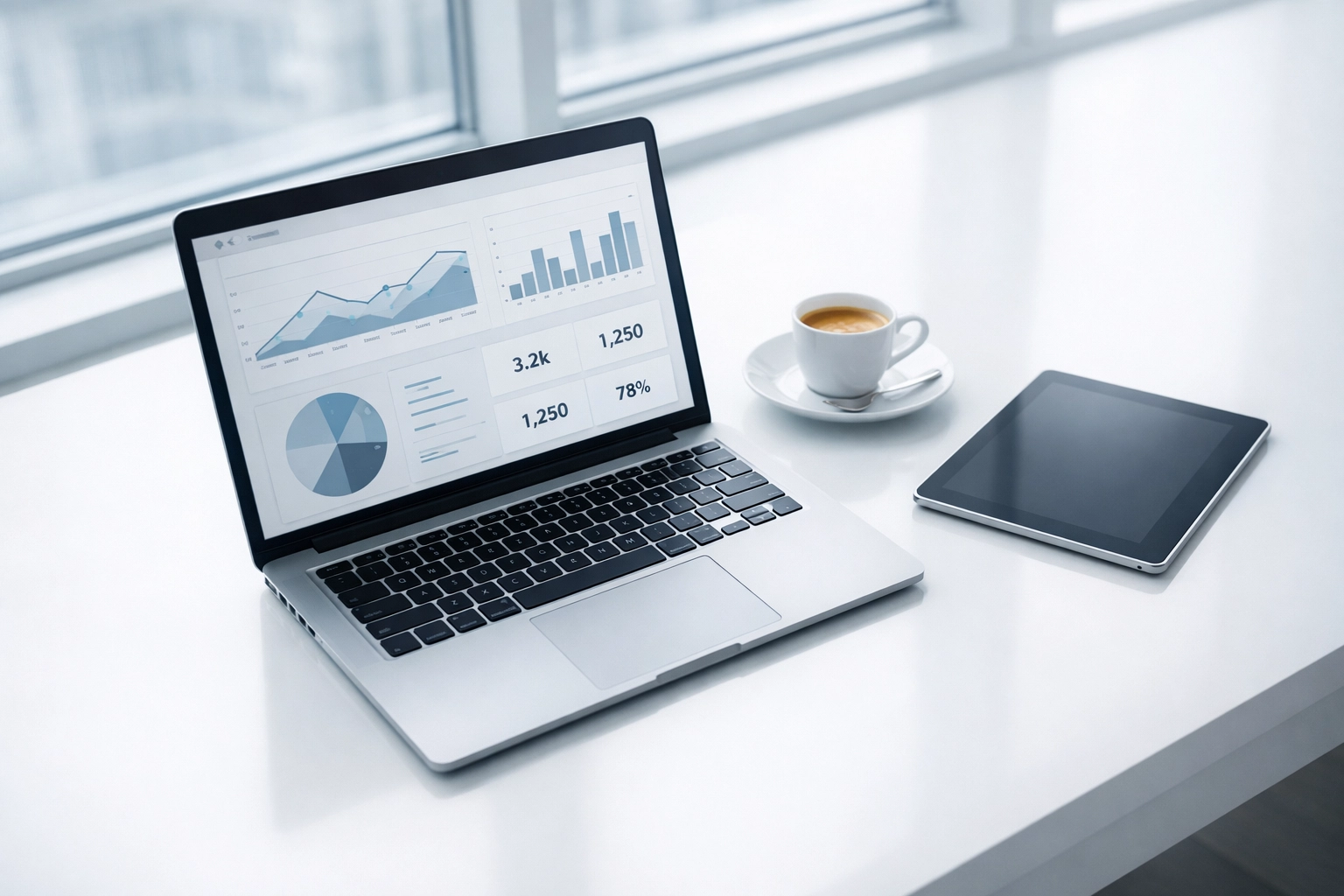 Modern minimalist workspace with a laptop displaying a data visualization dashboard for business optimization.