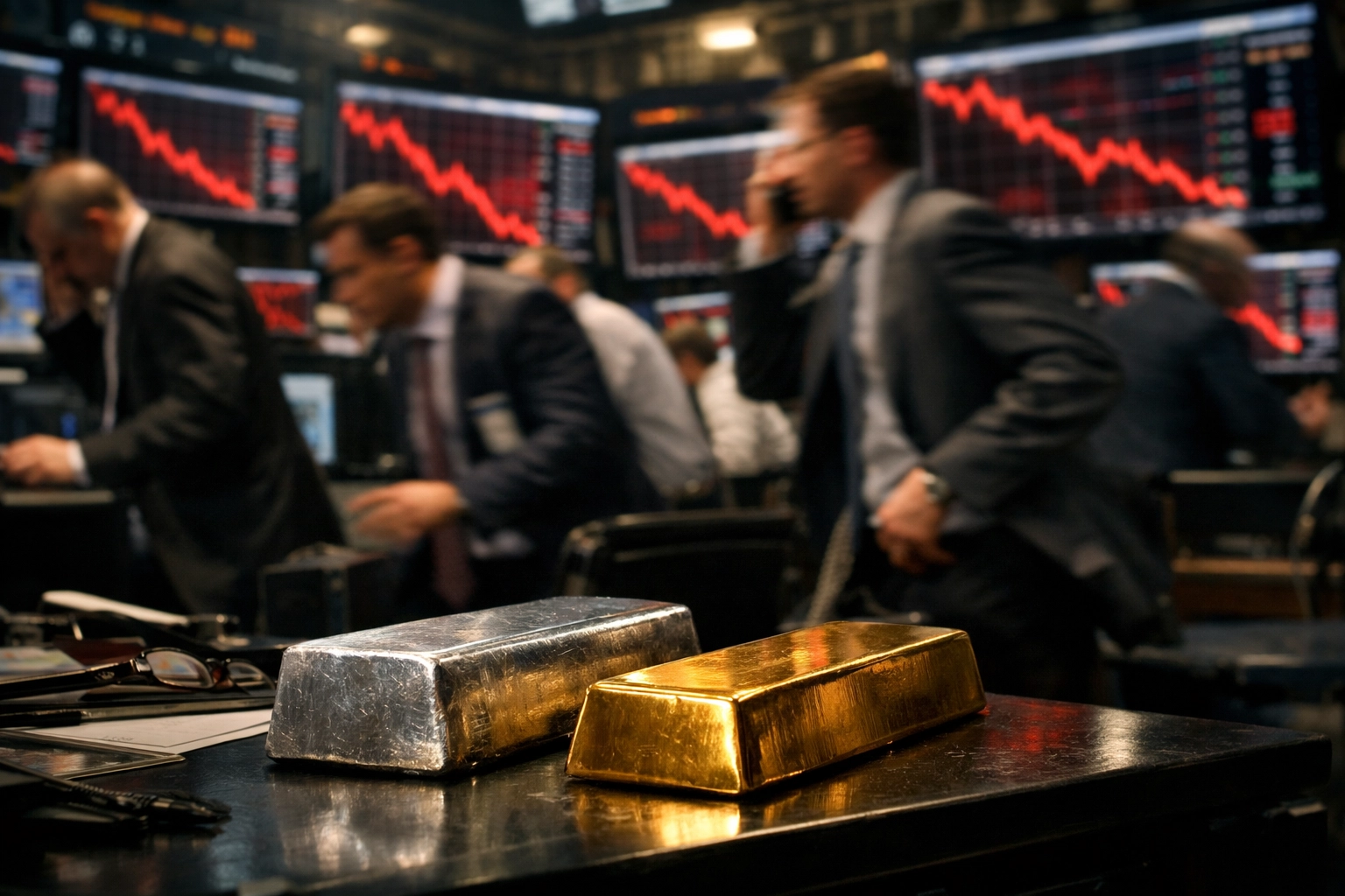Stock exchange floor in turmoil with red falling charts and gold and silver bars on a desk
