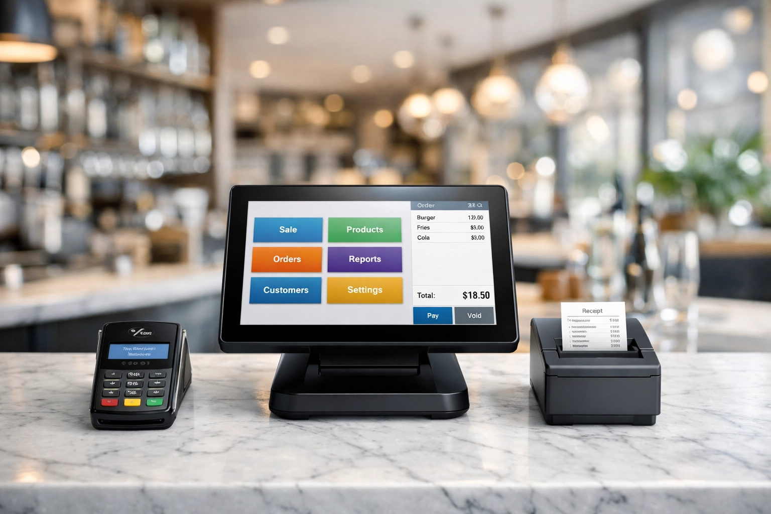 A professional pos system setup with a touchscreen terminal and card reader in a modern UK bistro.