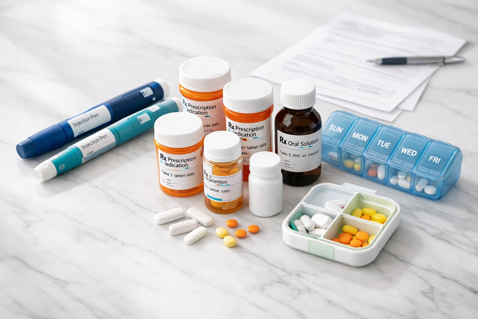 Injectable and oral weight loss medication options including pens and pill bottles