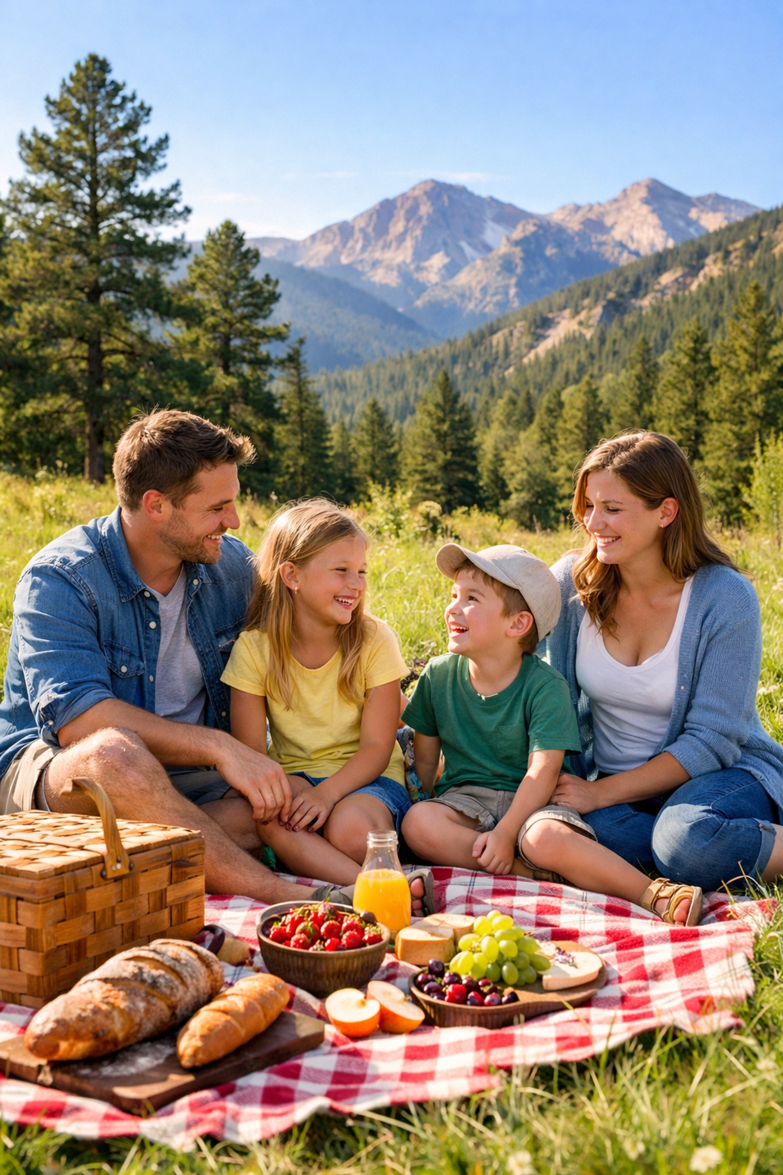 A family enjoying a mountain picnic in Golden, Colorado, a top spot for fun family travel activities.