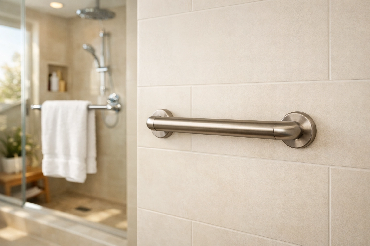 A weight-bearing bathroom grab bar installed next to a shower for senior fall prevention and stability.