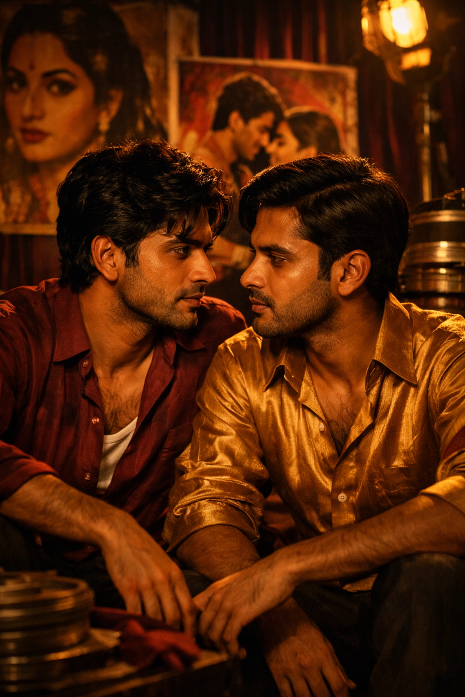 Two Indian men sharing intimate gaze on vintage Bollywood film set depicting queer subtext