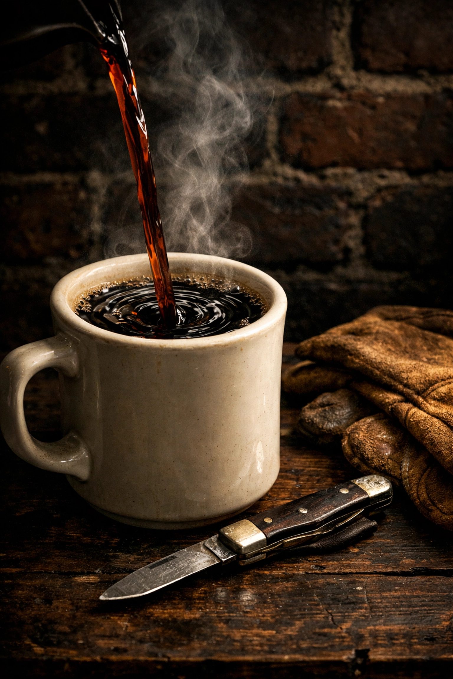 Pouring steaming black coffee into a mug next to rugged work gloves and a pocket knife.