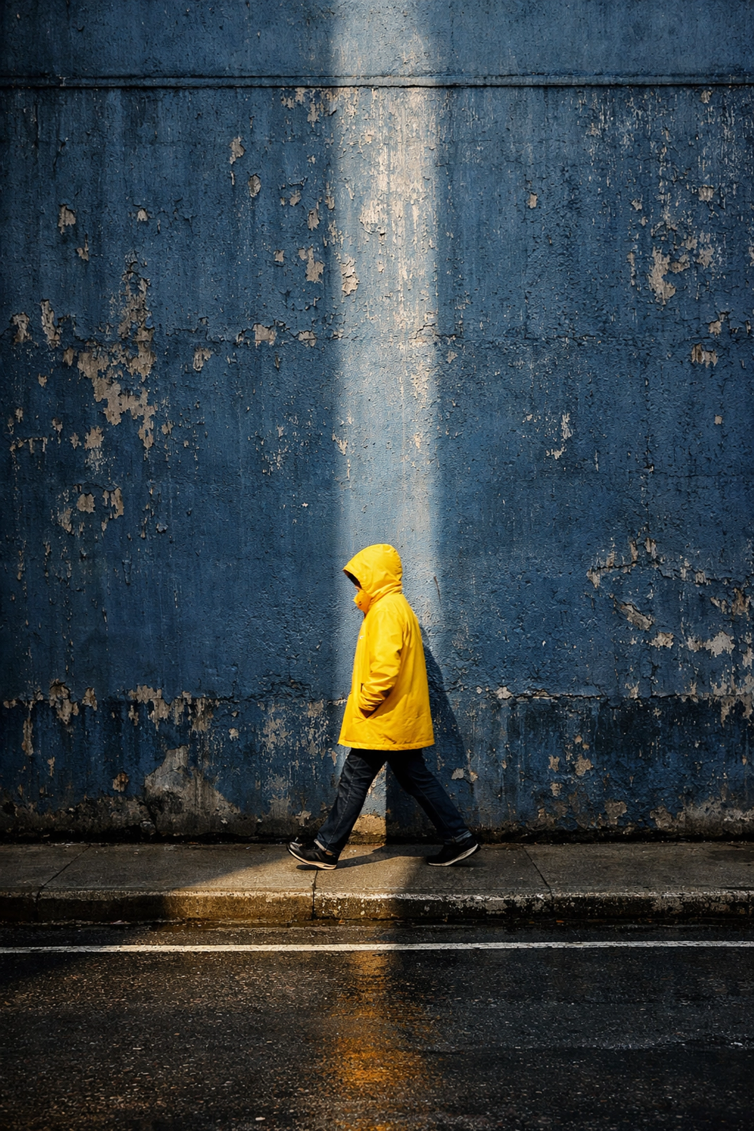 A person in a yellow raincoat walking past a blue wall, showcasing creative street photography ideas.