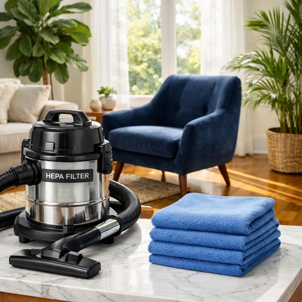 Eco-friendly cleaning tools like a HEPA vacuum and microfiber cloths in a healthy, bright Acton home.