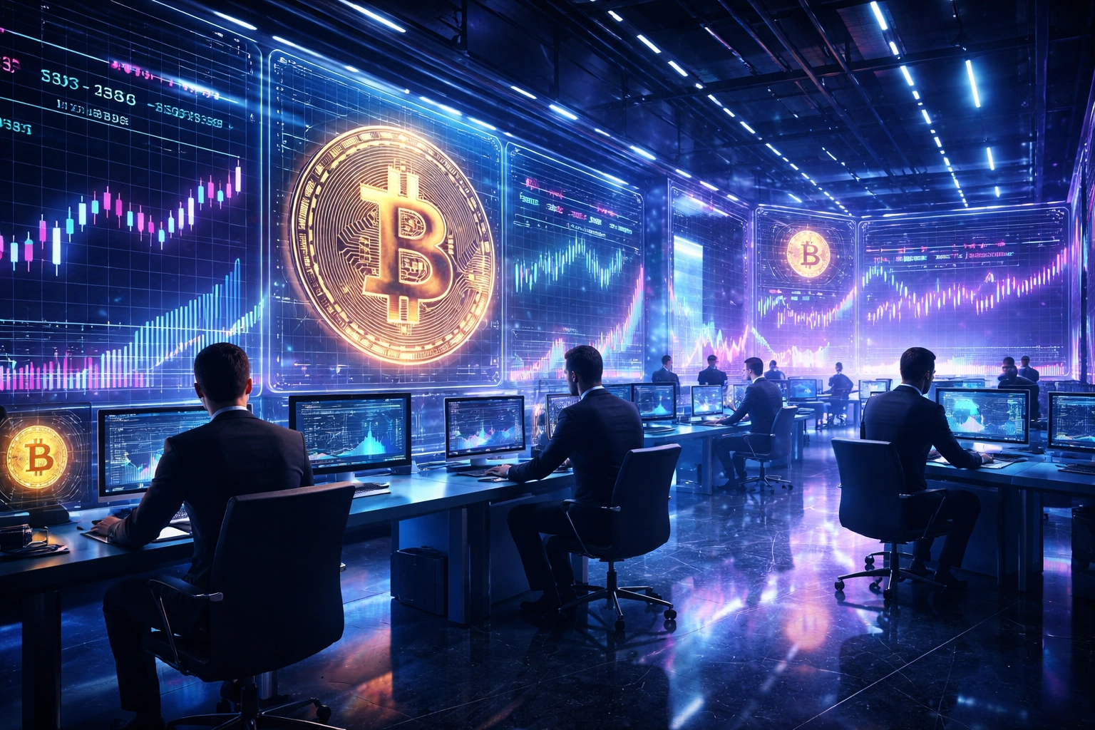 Futuristic financial trading floor with institutional investors analyzing cryptocurrency charts, reflecting the rise of crypto in institutional portfolios.