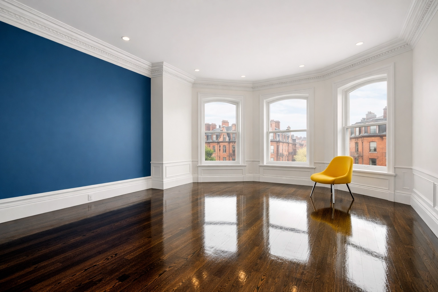 Spotless living room in a Boston brownstone after a professional Boston apartment move-out cleaning service.