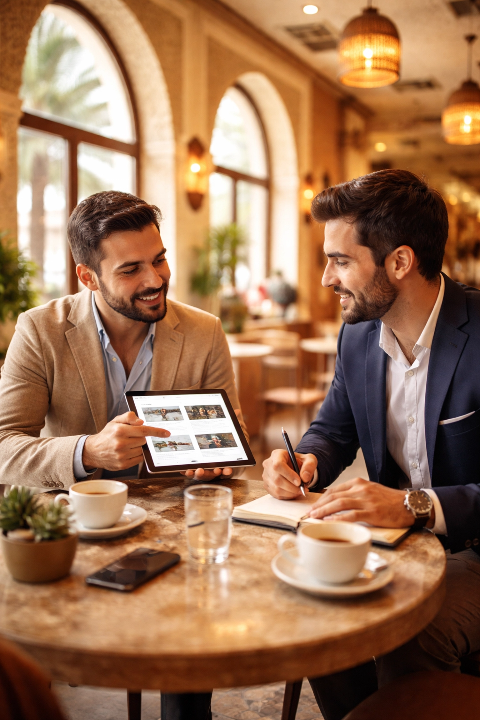 Deux professionnels discutant autour d’un café dans un environnement tunisien, illustrant l’importance de la connexion humaine en relations publiques.