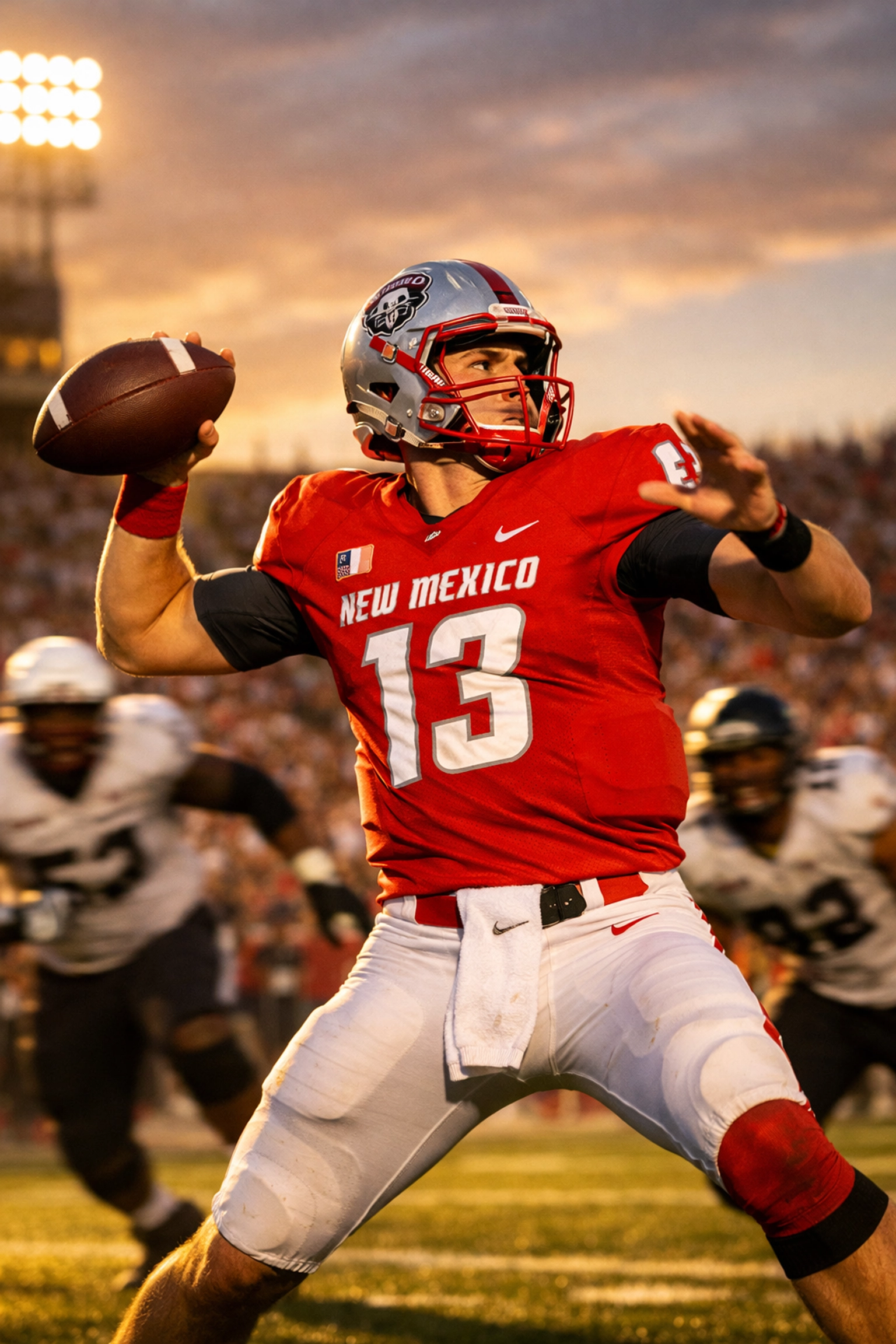 New Mexico Lobos quarterback dropping back to pass in stadium