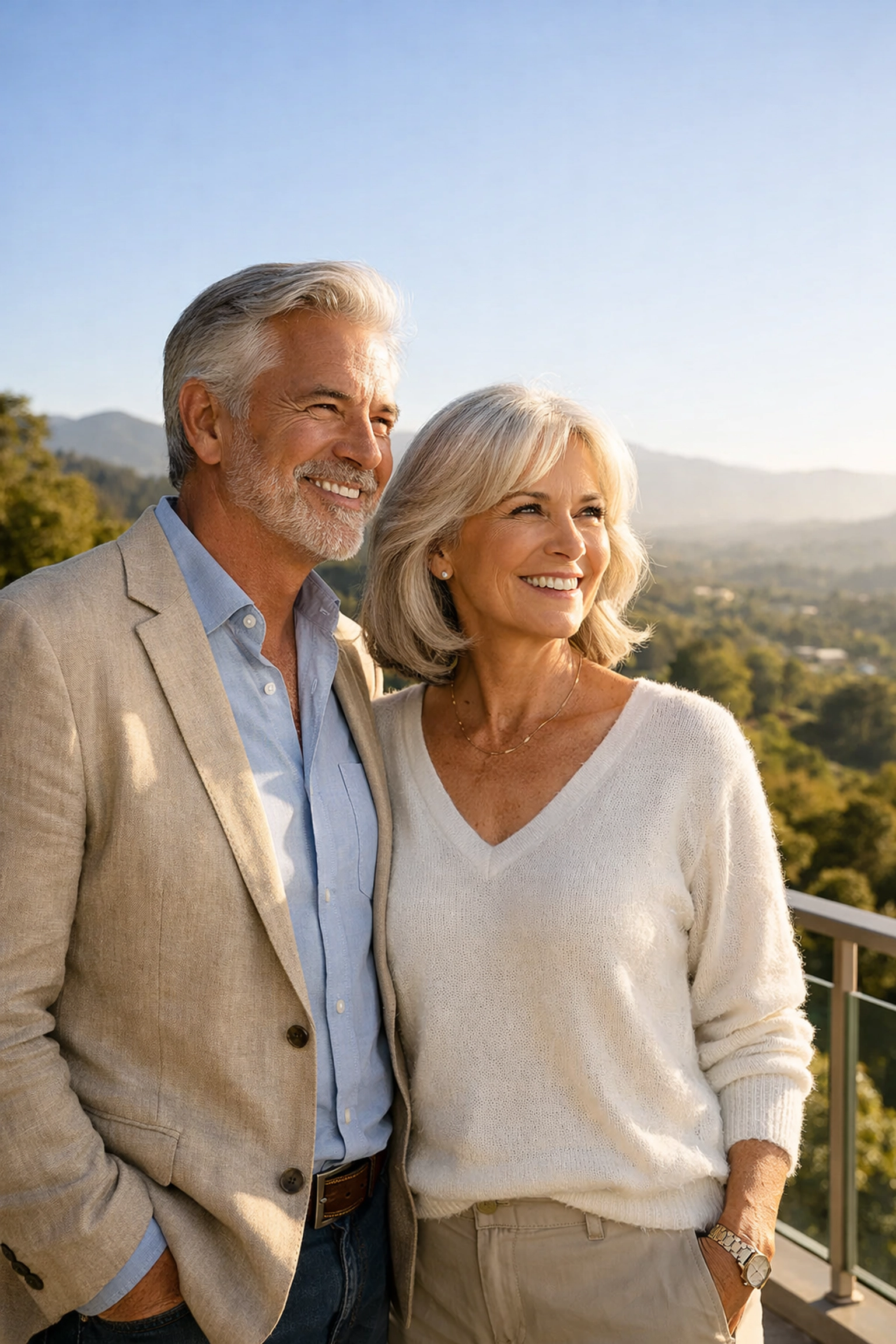 A couple in their early 60s experiencing financial peace and a well-protected retirement legacy.