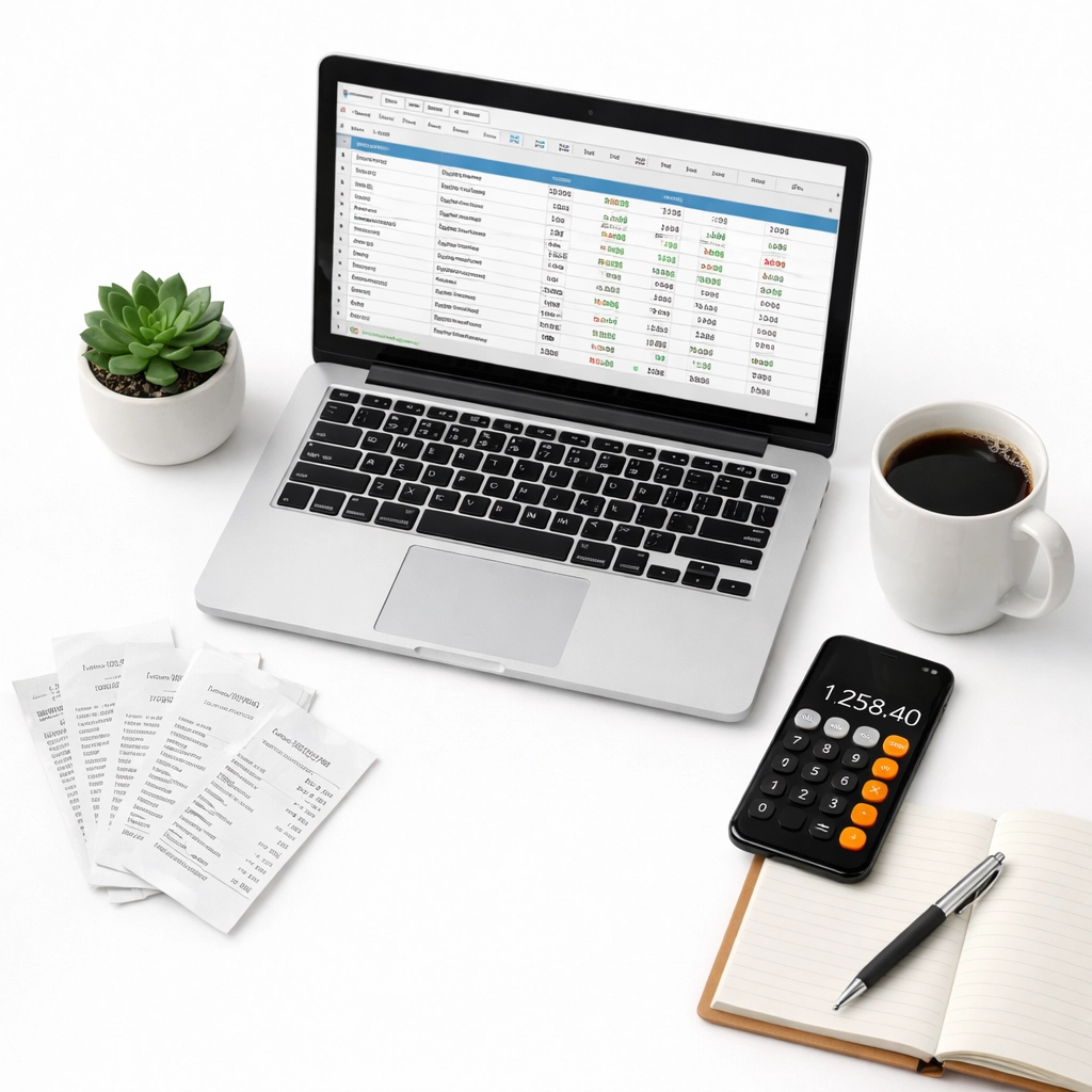 Freelancer home office workspace with laptop, receipts, and calculator for organizing tax documents