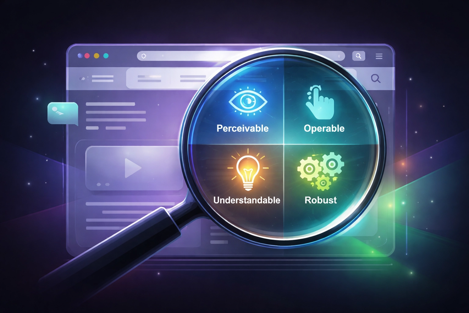 Website accessibility illustrated by WCAG principles under magnifying glass for compliance and SEO