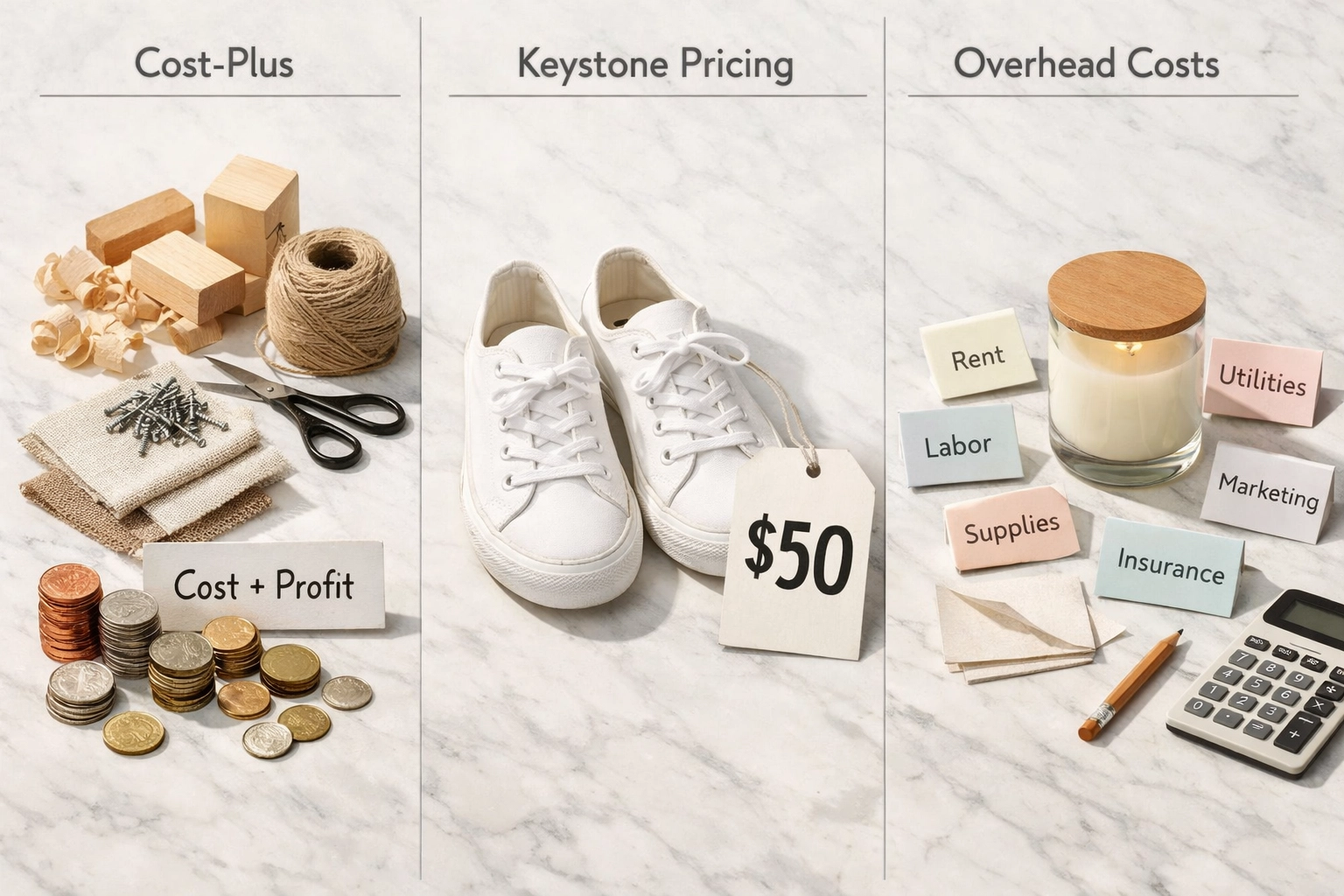 Three wholesale pricing methods displayed with products and costs