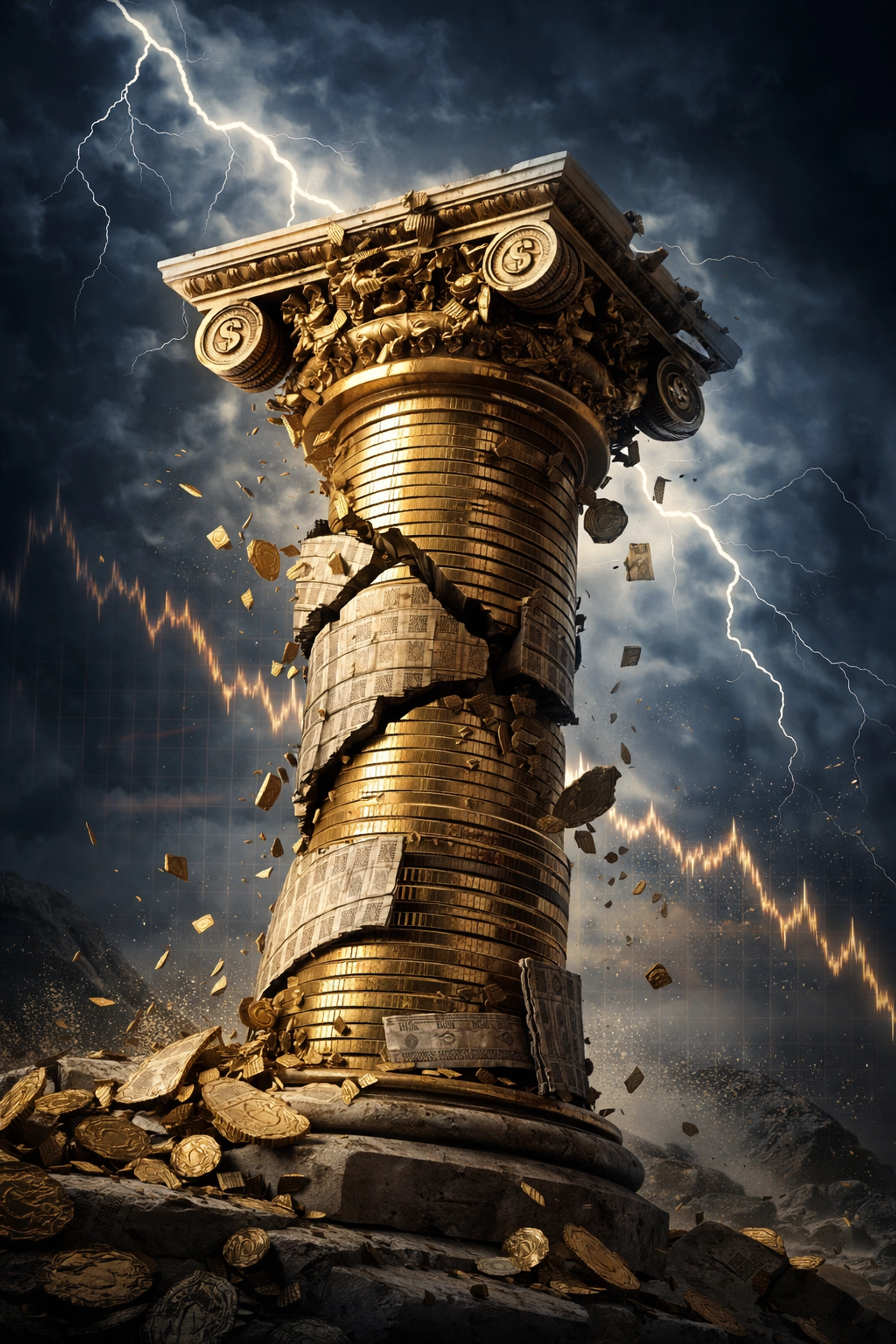 A crumbling Greek column made of gold coins and bond certificates under stormy skies, illustrating failure of traditional 60/40 investment models during market stress.