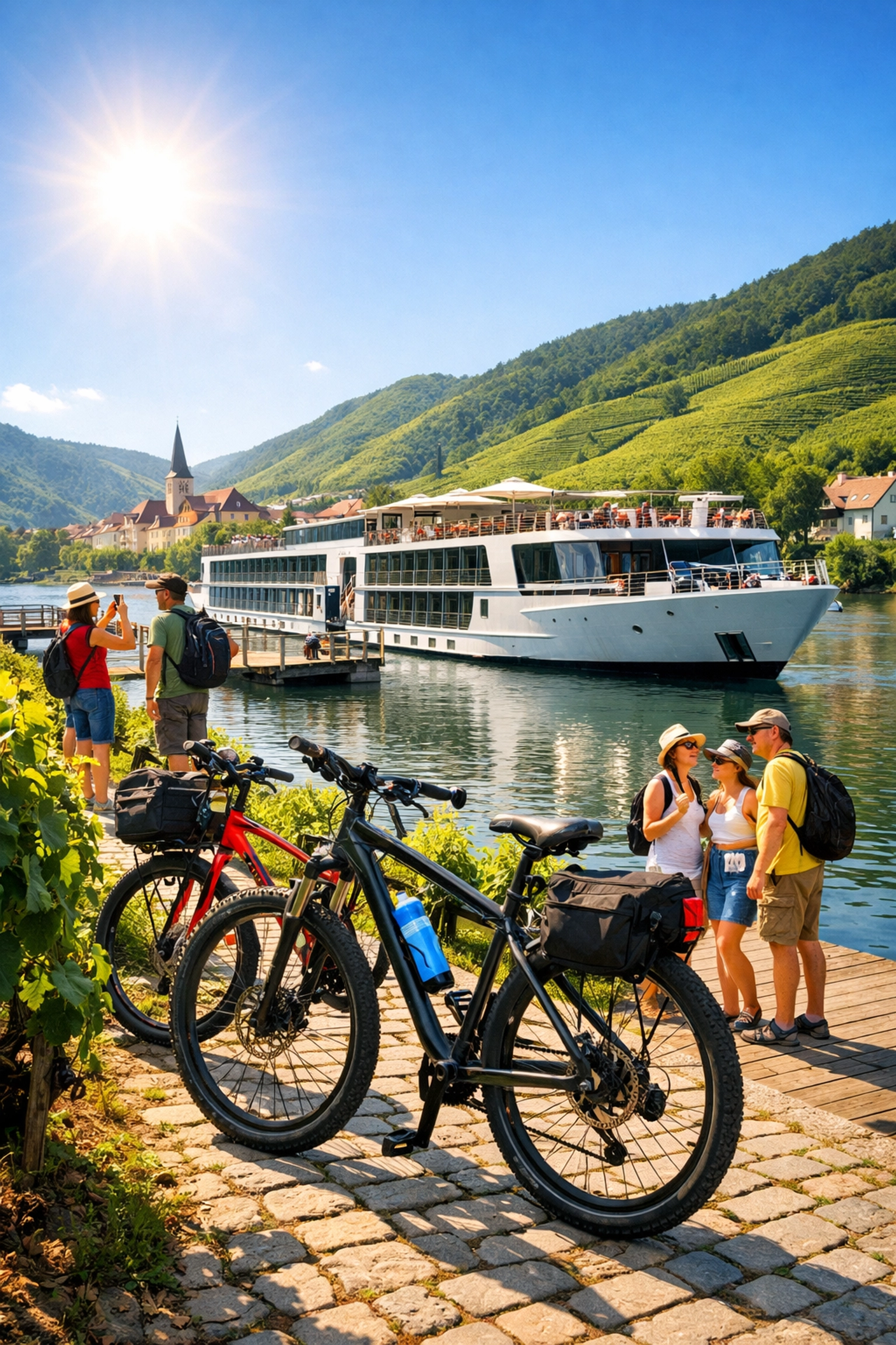 Luxury river ship docked at a village with bicycles near a European vineyard excursion.