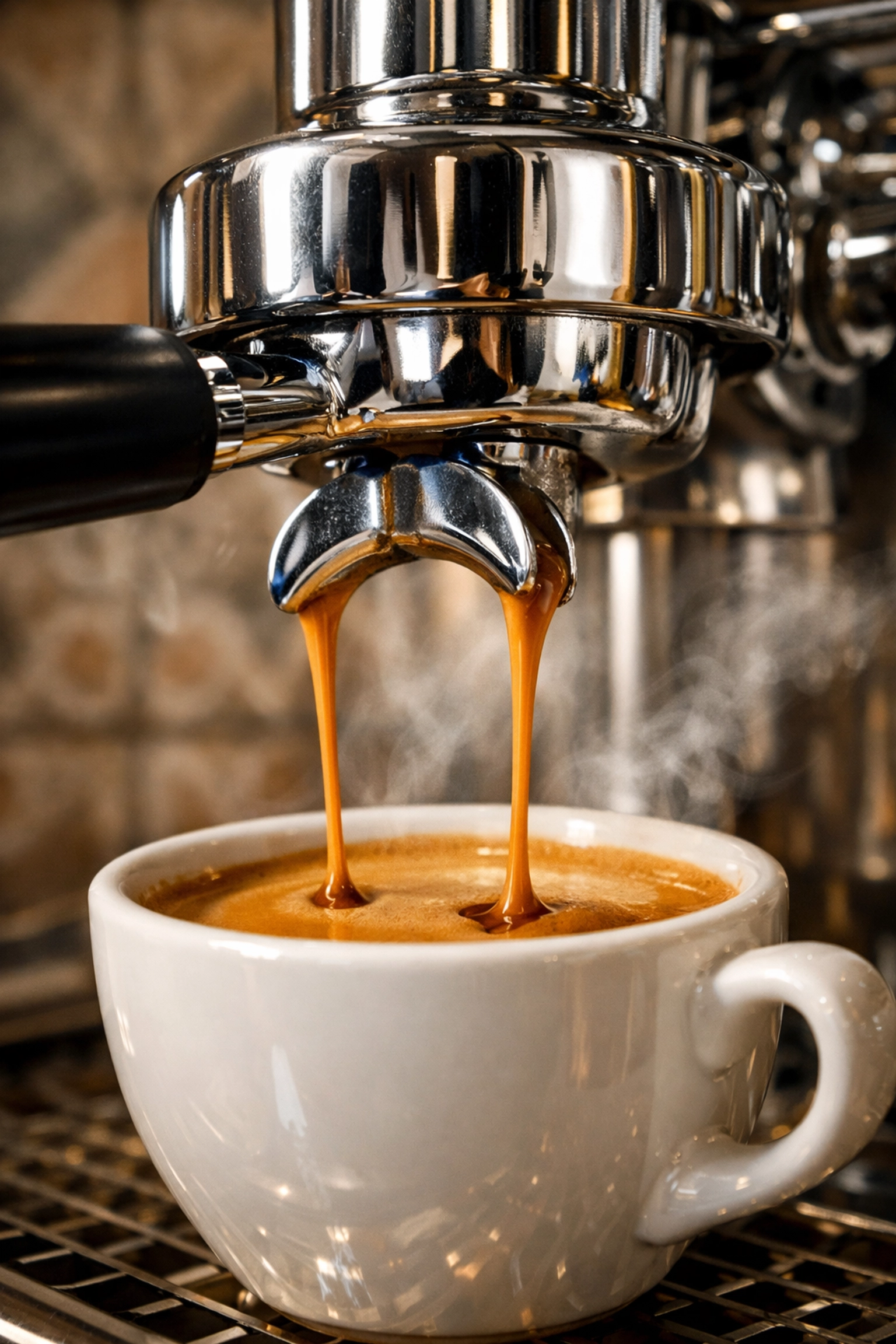 Professional espresso machine pouring a double shot of coffee, essential equipment for setting up a coffee shop.