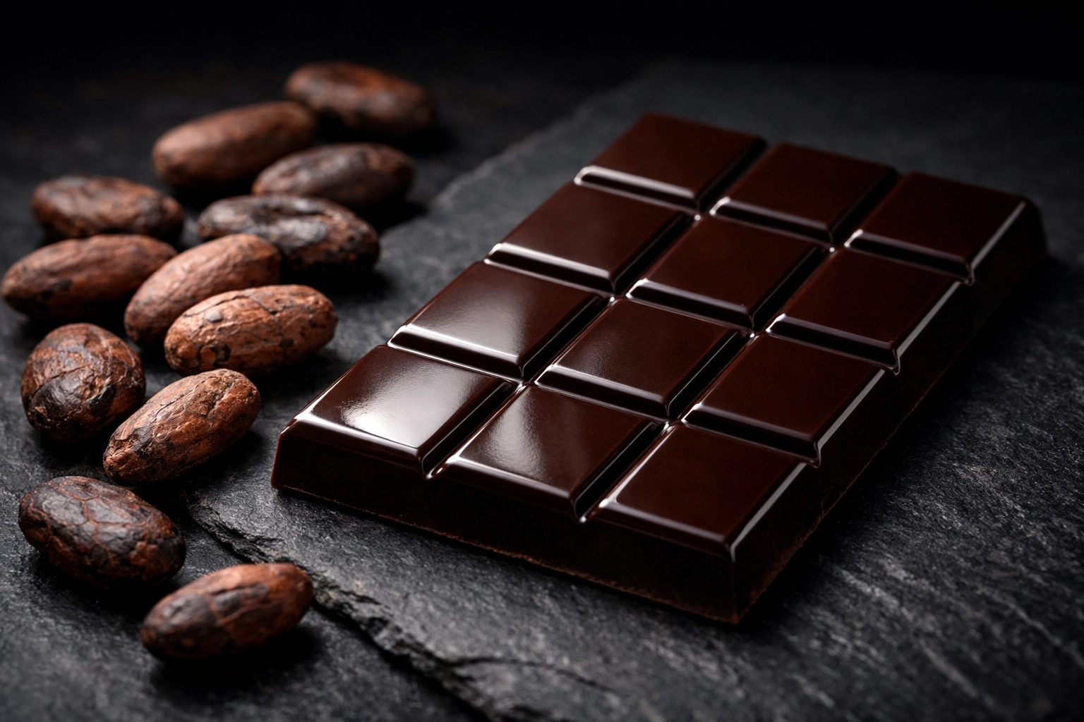 A luxurious dark chocolate bar with a glossy, artisan finish flecked with natural shimmer, paired visually with premium whole cacao beans.