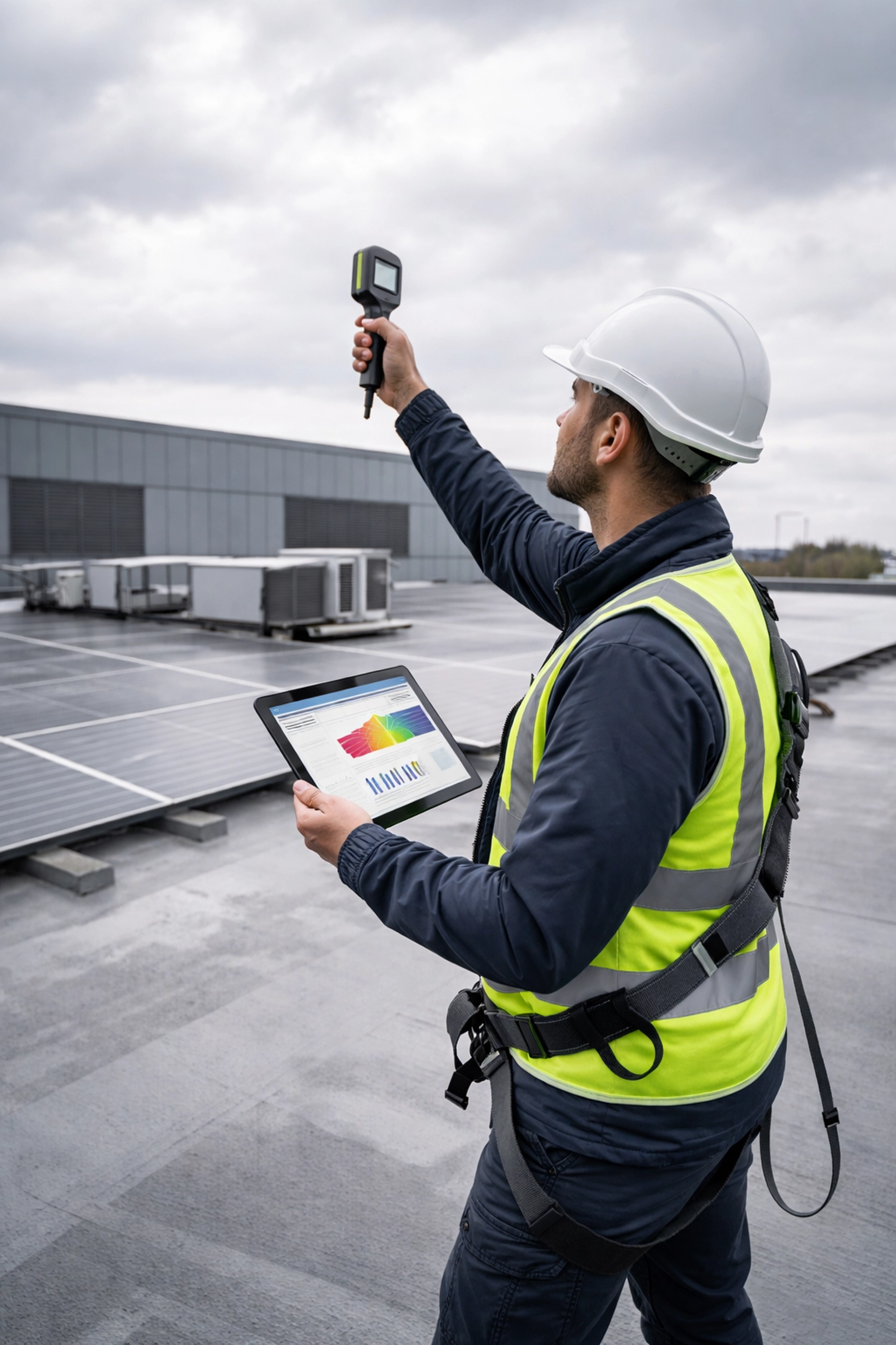 Engineer assessing commercial building roof for solar panel installation suitability in the UK