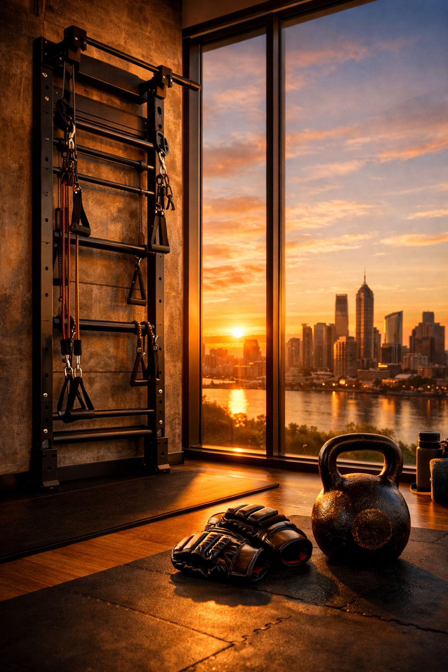 Professional floor to ceiling gym setup featuring the Resistance Rail and MMA gear overlooking a city.