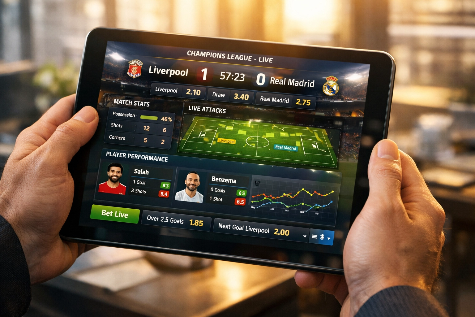 Mobile sports betting platform displaying Champions League odds and statistical analysis