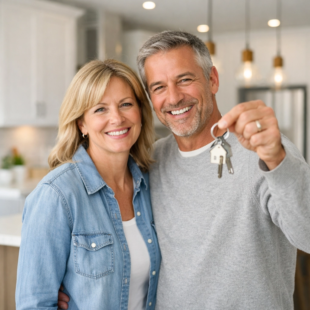 A happy couple holding keys to their new home in one of the top 55 communities in Bucks County PA.