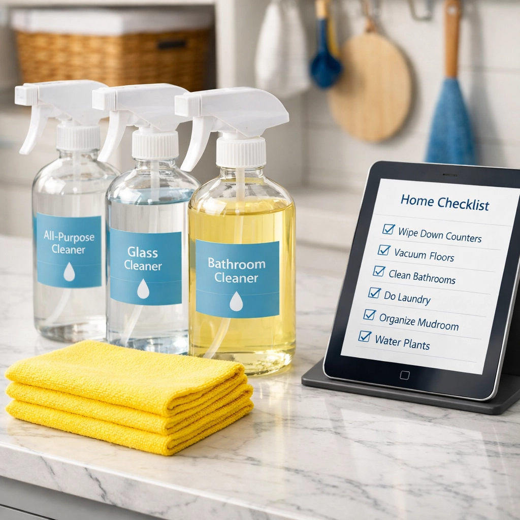 Professional eco-friendly supplies and checklist used for high-end Hingham estate cleaning.