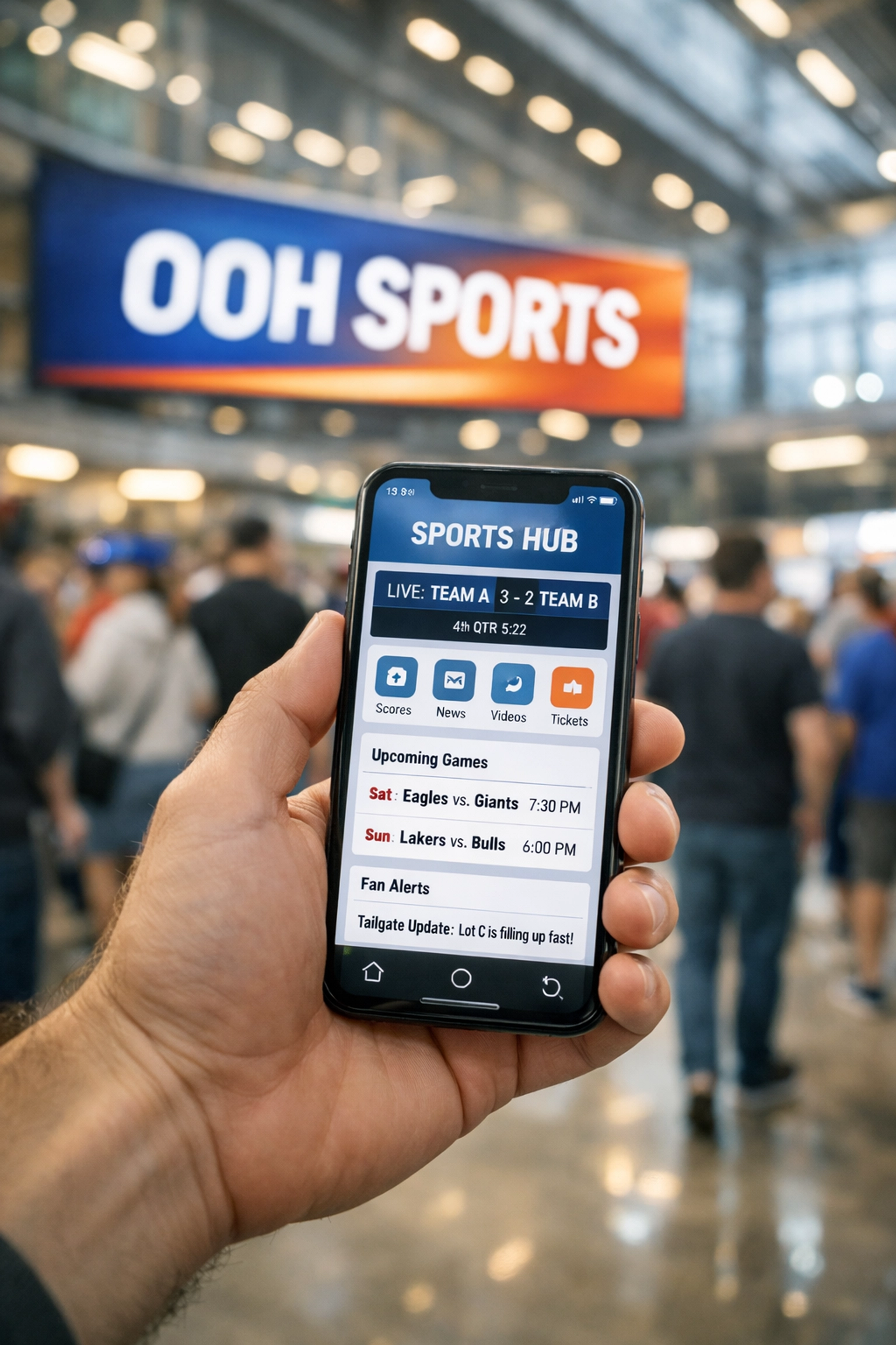 Fan interacting with a smartphone near a digital sports advertising billboard in a stadium.