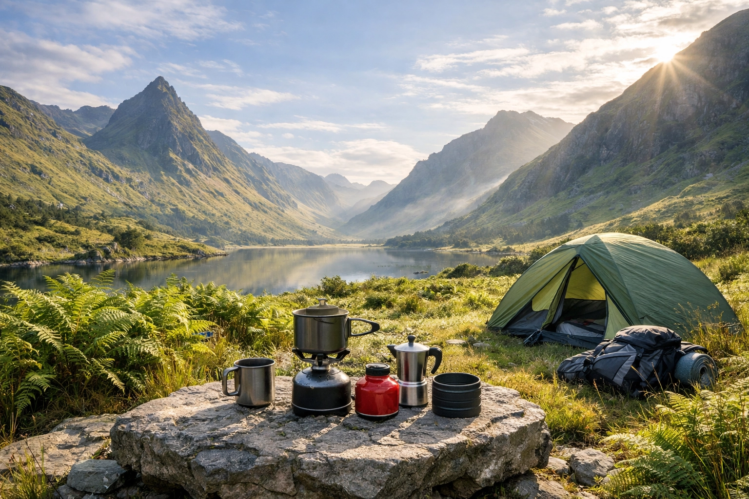 Responsible wild camping guided UK setup in the highlands using a portable stove to protect the environment.