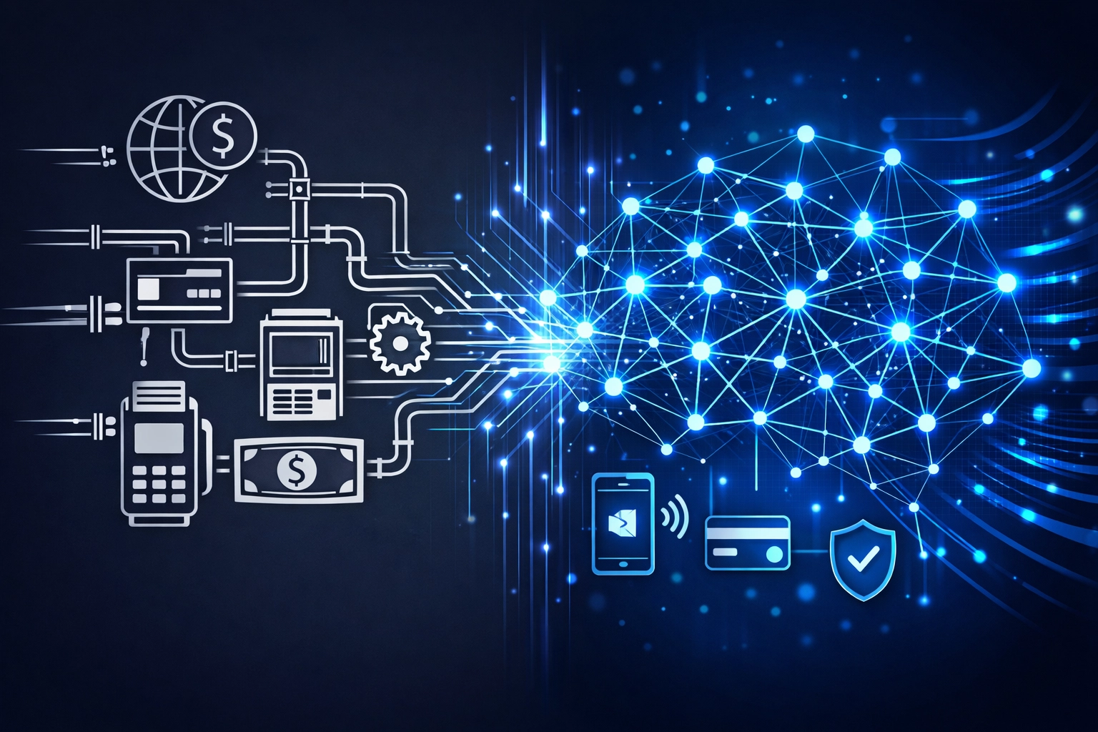 Illustration showing the evolution from basic payment infrastructure to intelligence-led payment optimization networks.