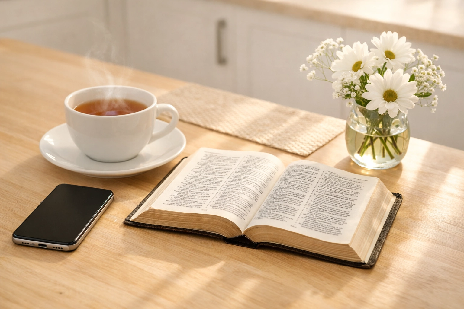 Morning faith routine with Bible, tea, and phone set aside on kitchen counter