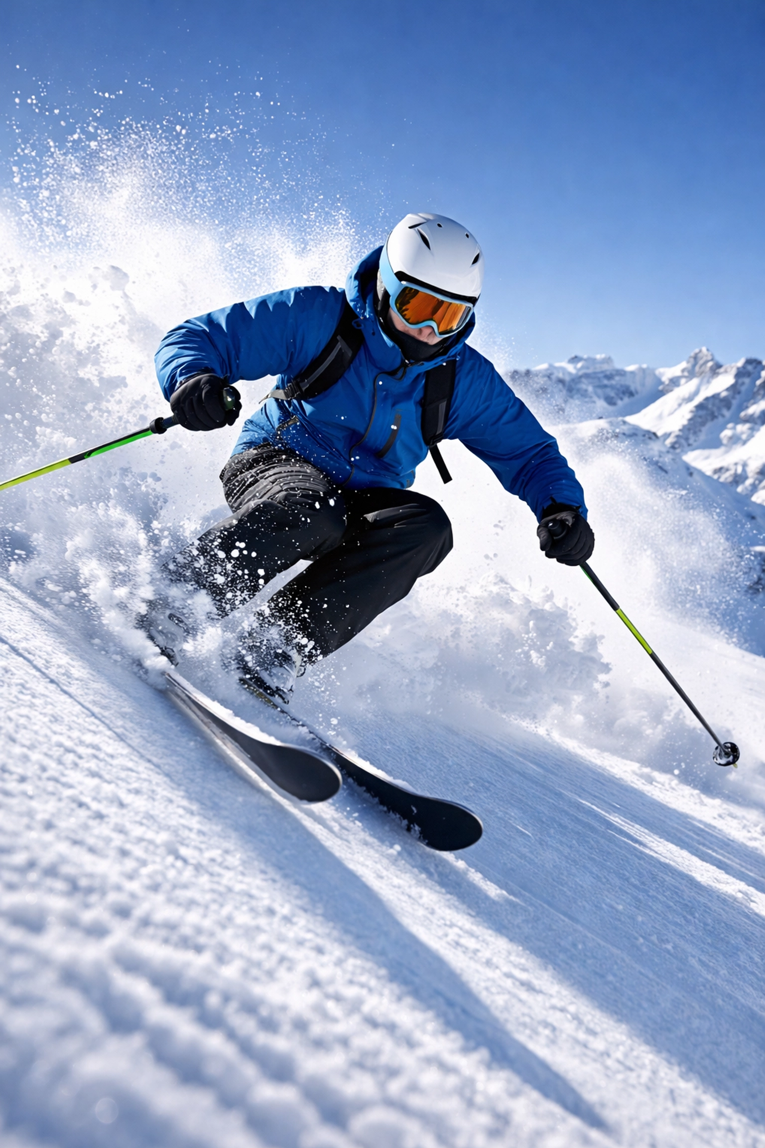 Skier carving down a snowy mountain slope demonstrating proper bent-knee form for joint protection