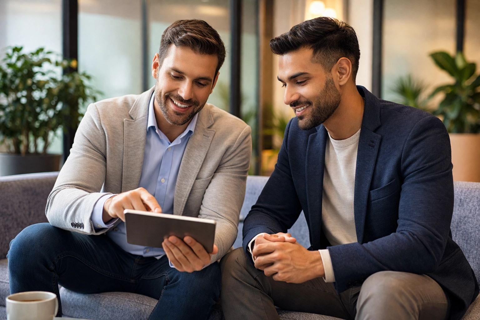 Two business partners discussing valuation strategies, highlighting collaborative decision-making in startup funding.