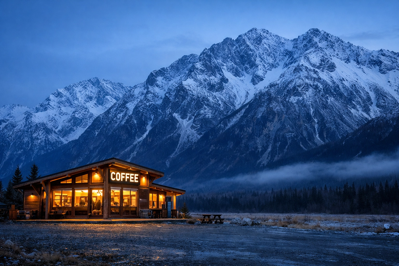 A warm Anchorage coffee shop at dusk, emphasizing the value of commercial insurance anchorage for small businesses.