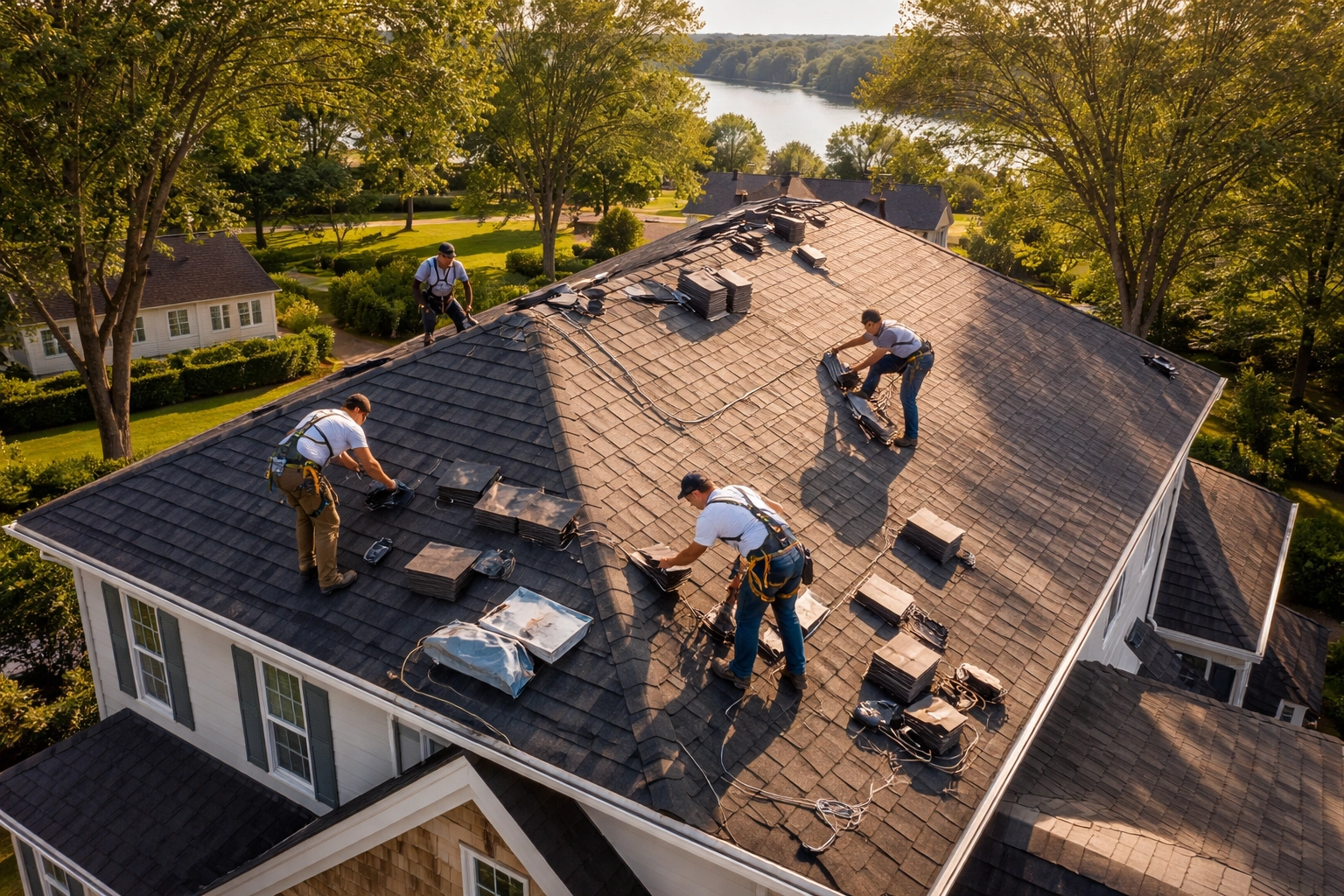 Aerial view of roofing crew in Lake Norman installing shingles, highlighting teamwork and local roofing expertise.