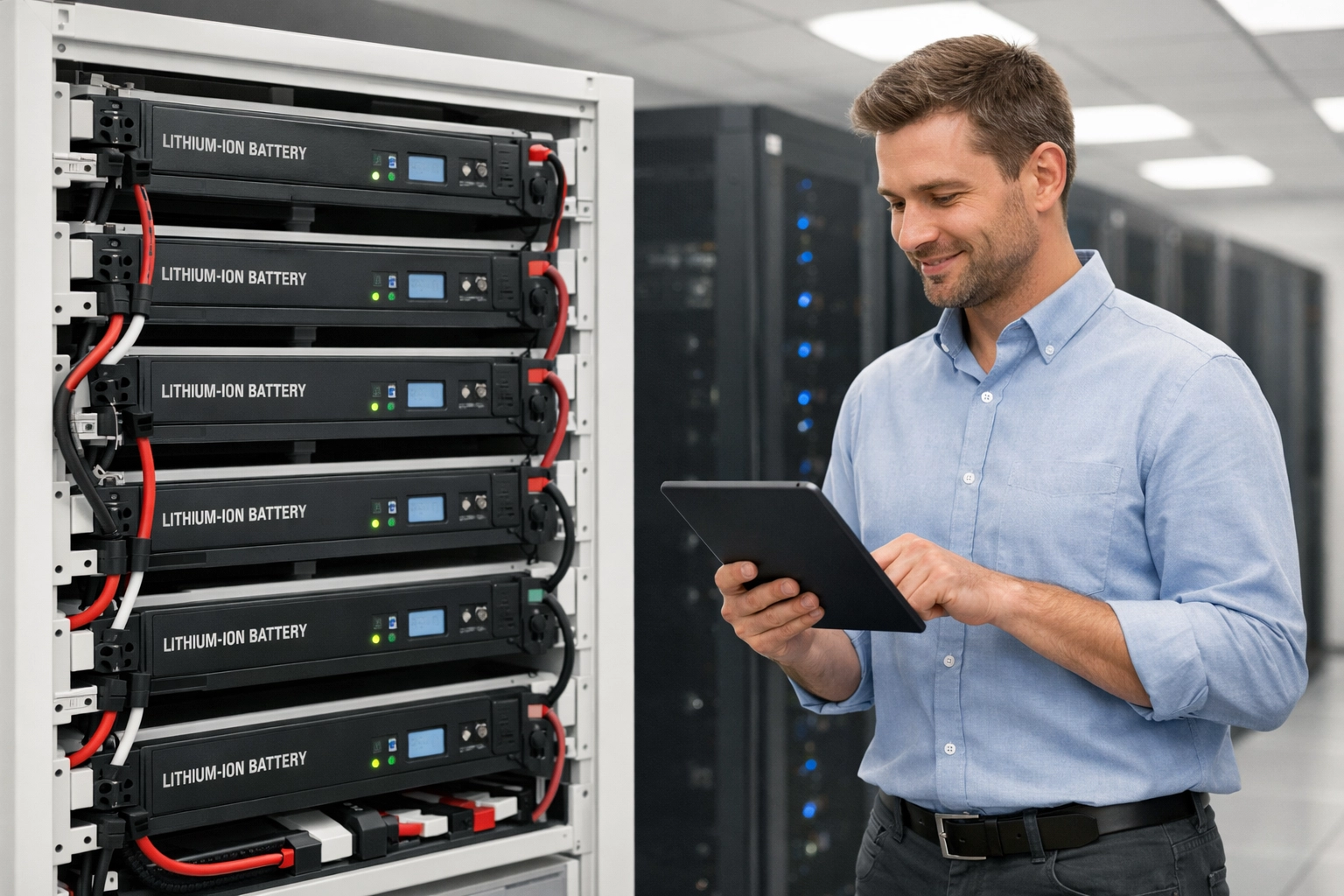 Technician monitoring lithium-ion UPS battery system with minimal maintenance required